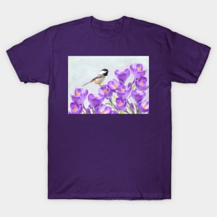 Chickadee Bird and Purple Crocus T-Shirt